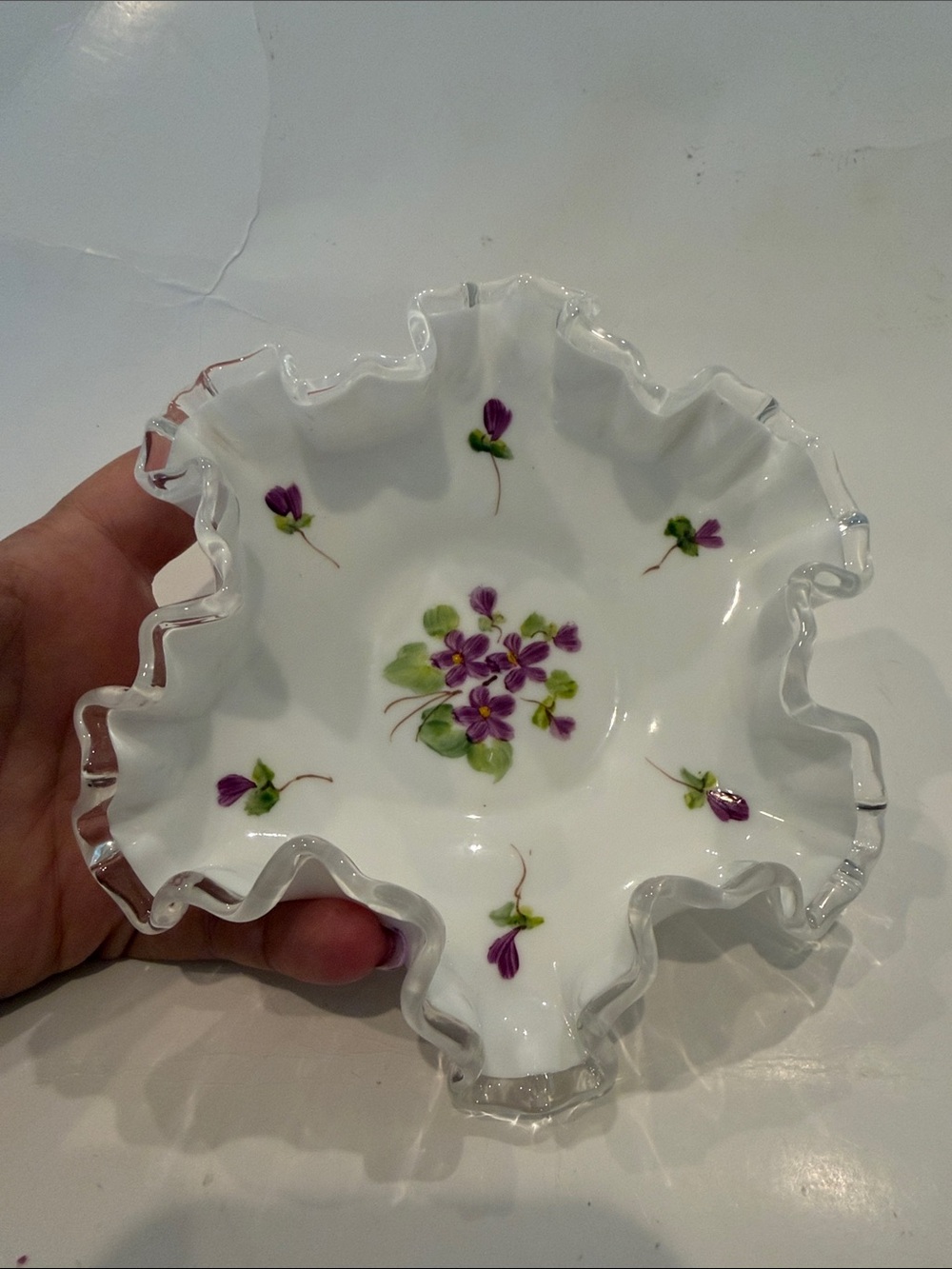 Vintage Fenton Ruffled Milkglass Bowl with Hand-Painted Purple Flowers
